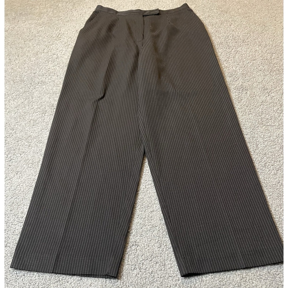 NY & Co Women's Dress Pants 12 Wide Leg Black Beige Pinstripes Career USA Made